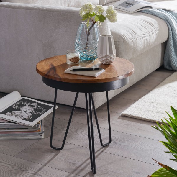wonido Beistelltisch 43x45x43 cm, Sheesham Holz, Metall Couchtisch, Industrial Style, Echtholz Sofatisch, Metallbeine