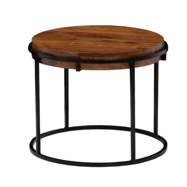 wonido Moderner Couchtisch, Sheesham Massivholz/Metall, Rund