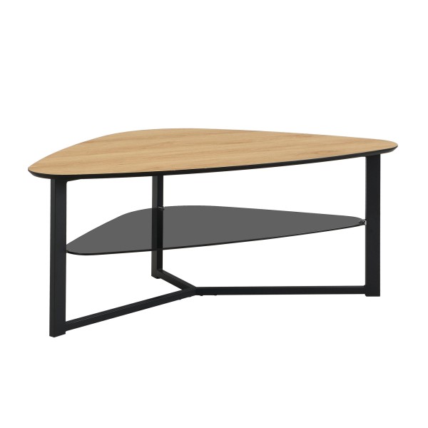 Couchtisch nierenförmig Eiche Optik 110 cm mit Glasablage & Metallgestell, Großer Wohnzimmertisch im Retro-Design, Stabiler Sofatisch Beistelltisch