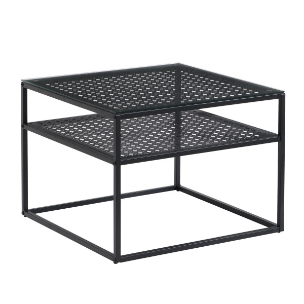 Couchtisch Glas Metall Schwarz 60x60x45 cm, Quadratischer Wohnzimmertisch Modern mit Ablage, Beistelltisch Sofatisch Glastisch Klein