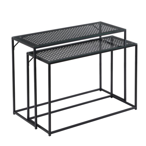 Konsolentisch Set 2er Schwarz Metall mit Glasplatte, Moderne Dekotische für Flur Wohnzimmer, Schmale Ablagetische im Industrial Design, platzsparend und ineinander schiebbar