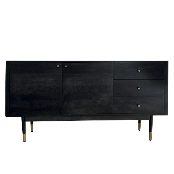Sideboard 160x81x42 cm Akazie Massivholz Kommode Schwarz, Hoher Kommodenschrank Modern, Standschrank mit 2 Türen und 3 Schubladen, Anrichte Wohnzimmer