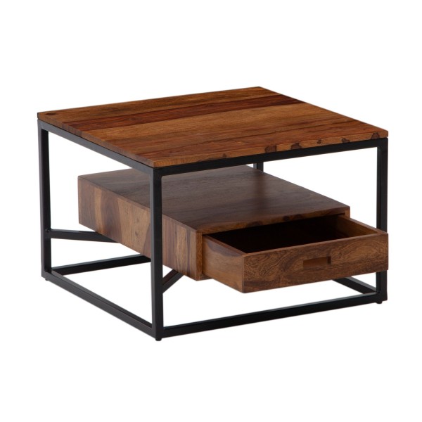 wonido Moderner Couchtisch, Sheesham Massivholz/Metall, Quadratisch, mit Schublade