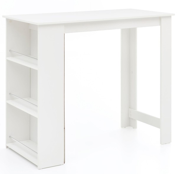 Bartisch Weiß 120 x 107,5 x 60 cm Stehtisch Holz Küchenbartisch, Bartresen mit integriertem Regal, Bar-Bistrotisch Küche Rechteckig, Party-Theke Holztisch, Wand-Tisch Minibar
