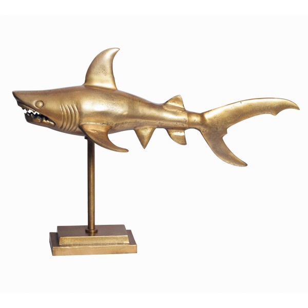 Dekofigur Hai Aluminium Gold Maritim 70 cm mit Sockel, Design Metall Deko Alu Modern, Tischdeko Wohndeko Aluminiumdekoration, Dekoration Wohnaccessoire