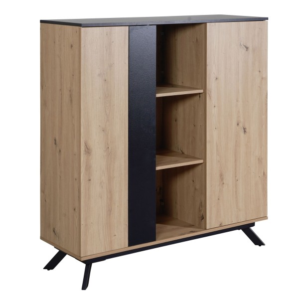 wonido Modernes Highboard, Sideboard in Eiche-Dekor, Schwarz, mit 2 Türen und Metallbeinen