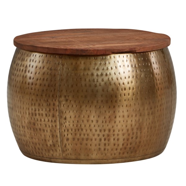 wonido Couchtisch Mango Massivholz, Metall, 60x60x40 cm, Gold, Rund mit Stauraum