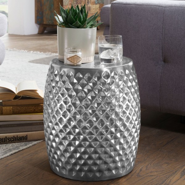 wonido Design Beistelltisch 32x42x32 cm, Aluminium Anstelltisch Silber, Orientalisch Rund, Flacher Hammerschlag, Metall Sofatisch, Telefontisch modern