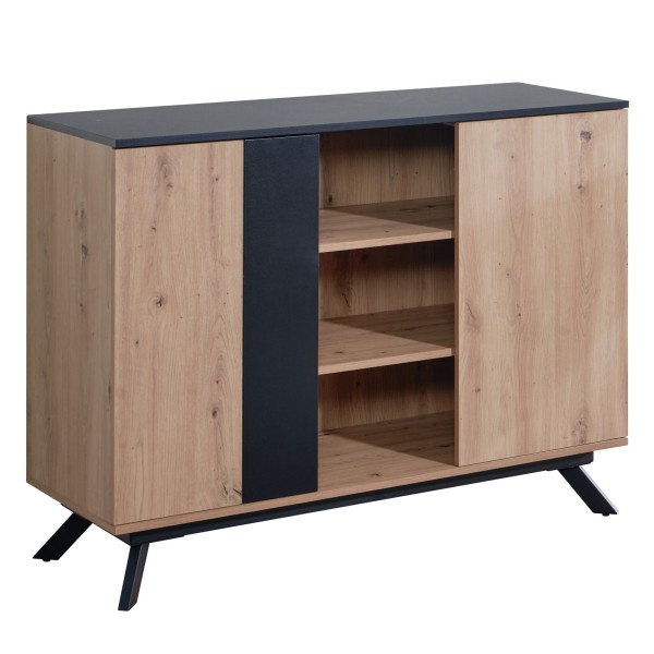 wonido Modernes Sideboard, Anrichte in Eiche-Dekor, Schwarz, mit 2 Türen und Metallbeinen