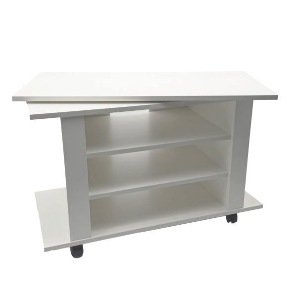 TV Lowboard Weiß 78 cm – HiFi Bank mit drehbarer Oberplatte – Fernsehtisch auf Rollen – TV Möbel mit offenen Fächern – Medienboard Modern – Fernsehschrank