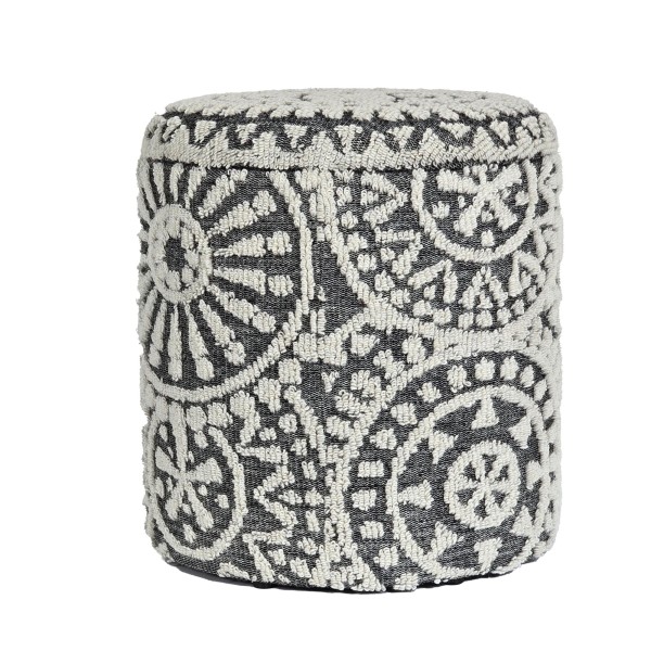 Sitzhocker rund Ø 40 × 45 cm Grau-Creme aus Wolle mit Stauraum, abnehmbarer Deckel, Fußhocker im Boho Design, Aufbewahrungshocker für Wohnzimmer Schlafzimmer Flur