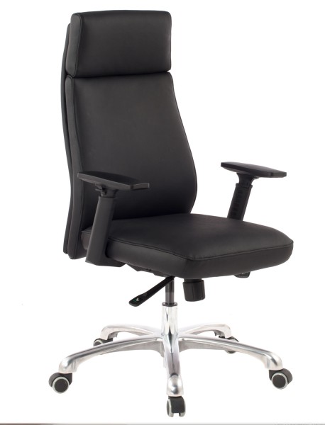Bürostuhl PORTO Echt-Leder Schwarz ergonomisch mit Kopfstütze, Design Chefsessel Schreibtischstuhl ergonomisch mit Wippfunktion, Drehstuhl mit Armlehnen X-XL 120 kg
