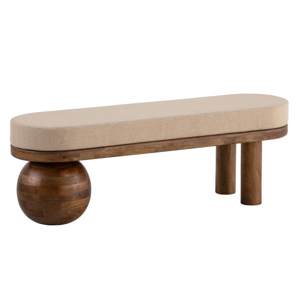 Sitzbank Stoff Mango Massivholz Bank 140x47,5x41,5 cm Modern, Flur Polsterbank Ausgefallen, Gepolsterte Stoffbank Beige, Kleine Bettbank Flurbank