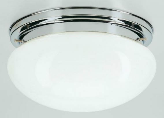 Deckenleuchte / Plafonnier, Messing verchromt, Glas weiß glänzend, Höhe 15 cm, Breite 30 cm, 230 V, 1 x E27 60 W