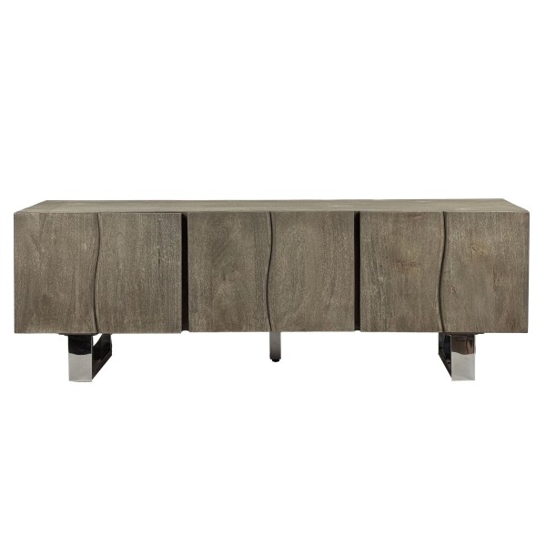 Lowboard Akazie Massivholz Smoked Grey 160x56x46 cm TV-Kommode mit drei Türen, Design TV-Schrank Hoch, Fernsehtisch Fernsehschrank Grau Modern, Fernsehkommode Wohnzimmer mit Metallbeine