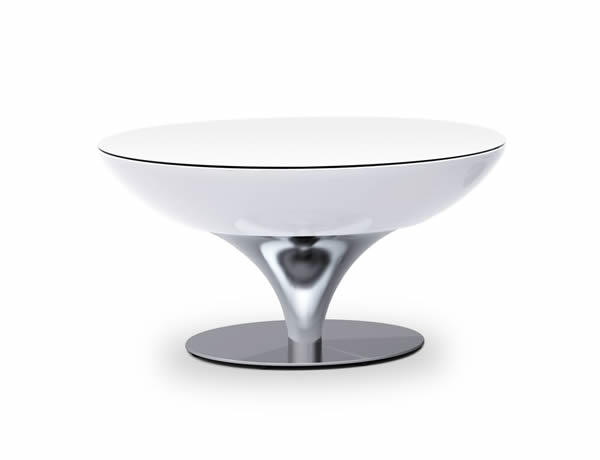 Moree Lounge Tisch / Beistelltisch, inkl. Glasplatte, Pro, LED beleuchtet, Ø 84 cm, H 45 cm, ABS glänzend, weiß transluzent, Aluminium gebürstet, eloxiert, mit E27 (230 V) Vielfarben LED, mit Fernbedienung, für Innen