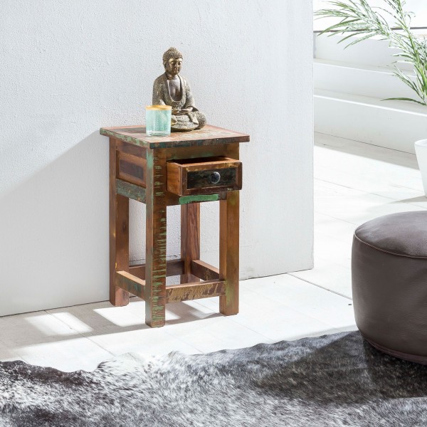 wonido Massivholz Beistelltisch 30x30x50 cm, Shabby-Chic, Nachtkonsole mit Schublade, Anstelltisch