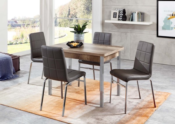 wonido Design Esszimmergruppe, 4 Stühle, 1 Tisch in Monument Oak, mit Auszug, Stühle in lederoptik, verschromte Tischbeine, 5-teilig