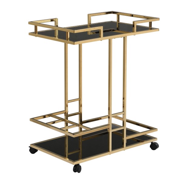 Servierwagen Gold Metall mit Glas Ablagen auf Rollen 67,5x83,5x43 cm, Moderner Barwagen mit Flaschenhalter, Teewagen Getränke Trolley für Wohnzimmer Küche Hausbar Rollwagen Multifunktional