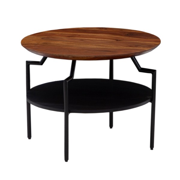 wonido Moderner Couchtisch, Sheesham Massivholz/Metall, Rund, mit Stauraum