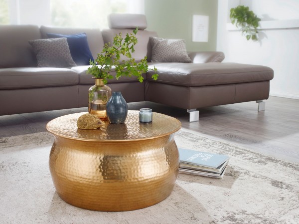 wonido Design Couchtisch 60x30,5x60 cm, Aluminium Wohnzimmertisch Orientalisch rund, Flacher Hammerschlag, Metall Sofatisch, Beistelltisch