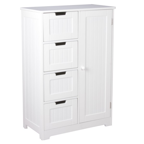 Design Badschrank Landhaus-Stil MDF-Holz 56 x 83 x 30 cm weiß, Badezimmerschrank klein 4 Schubladen & 1 Tür, Beistellschrank Mehrzweckschrank