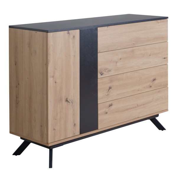 wonido Design Sideboard, Anrichte in Eiche-Dekor, Schwarz, mit 4 Schubladen und Metallbeinen