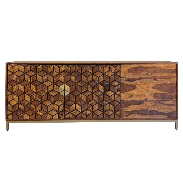 Sideboard Sheesham Massivholz 180 cm, Anrichte mit 2 Türen & 3 Schubladen, Modernes Design mit geometrischem Muster, Kommode Wohnzimmer Esszimmer, Goldfarbenes Metallgestell