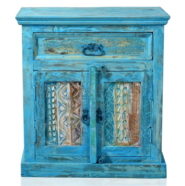 wonido Kommode / Schränkchen, "Washed Look", Altholz, blau, B70 x T40 x H76 cm