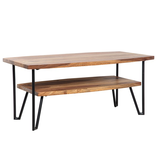 wonido Design Couchtisch Sheesham Massivholz/Metall, Sofatisch Rechteckig mit Stauraum
