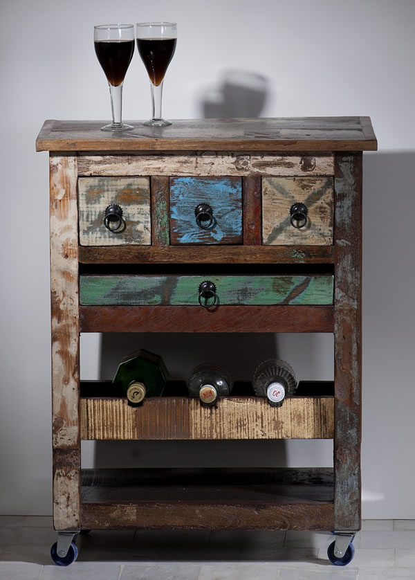 wonido Küchenwagen / Beistellwagen, "Vintage Look", Altholz, bunt, B78 x T48 x H85 cm