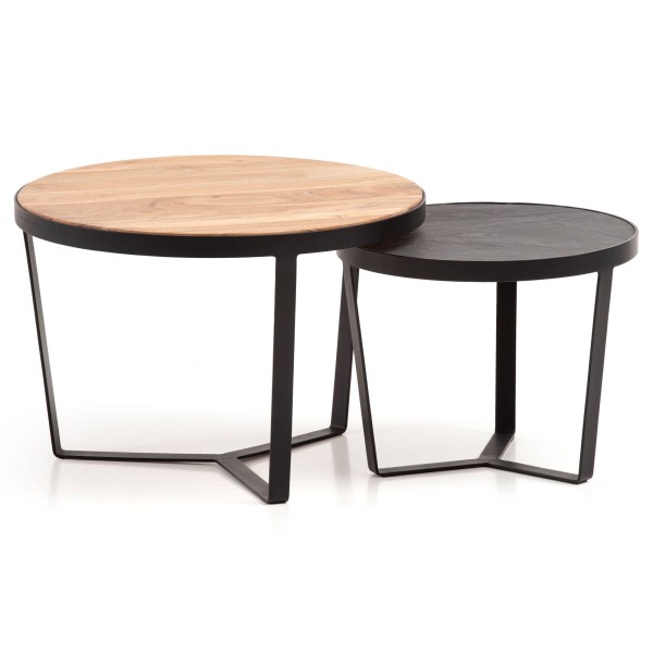 wonido Design Couchtisch 2-er Set, Akazie Massivholz/Steinoptik