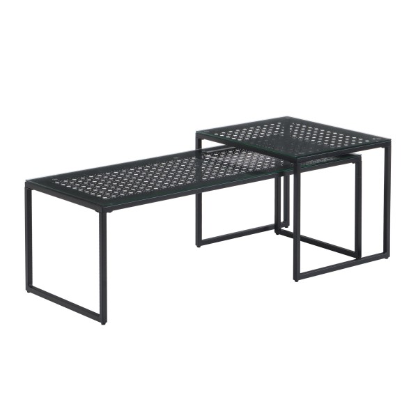 Satztisch Glas Metall 2er Set Modern Couchtisch Schwarz, Design Sofatisch Platzsparend, Wohnzimmertisch Kaffeetisch Rechteckig & Quadratisch
