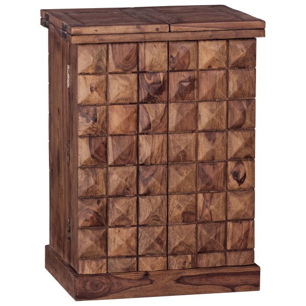 Hausbar Sheesham Massivholz 65x91x50 cm Weinbar ausklappbar, Kleine Bar modern, Barschrank mit Türen, Spirituosenschrank mit Aufbewahrung für Flaschen und Gläser