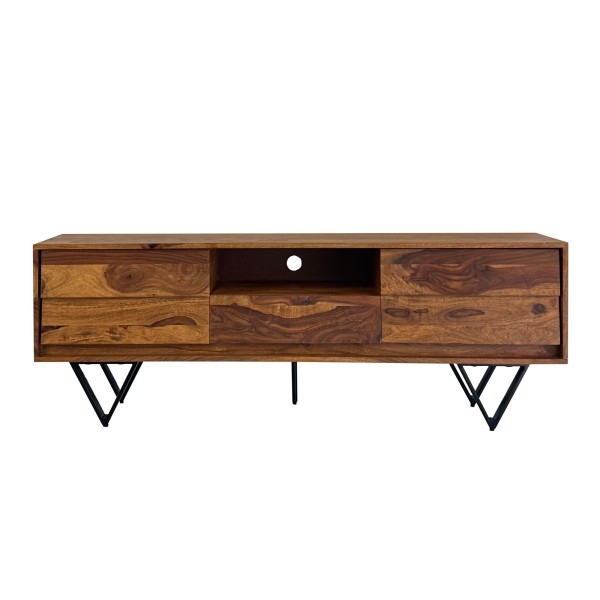TV Lowboard Sheesham Massivholz 160 cm, Fernsehtisch mit Türen, Schublade, offenem Fach & Kabeldurchlass, TV Board mit 3D Fronten & schwarzen Metallfüßen im Industrial Design