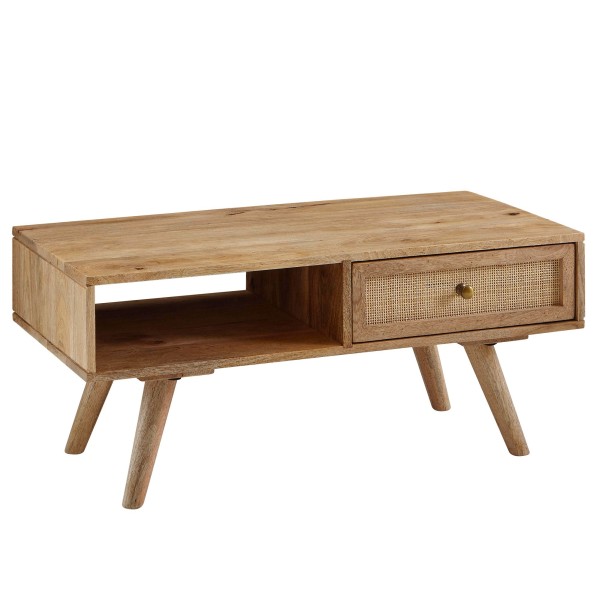 wonido Design Couchtisch 90x40x45 cm, Mango Massivholz, Rattan, Wohnzimmertisch Rechteckig mit Stauraum