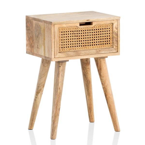 wonido Nachtkonsole Mango Massivholz/Rattan, Nachttisch Braun, Nachtkommode mit Schublade