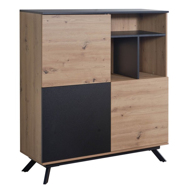 wonido Modernes Highboard, Sideboard in Eiche-Dekor, Schwarz, mit 3 Türen und Metallbeinen