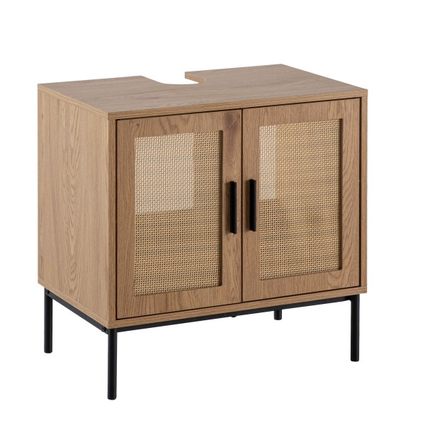 Waschbeckenunterschrank Eiche-Optik 60x60x40 cm mit Türen, Badezimmerschrank mit Rattangeflecht, Unterschrank Stehend, Badschrank Midischrank Klein Waschtisch