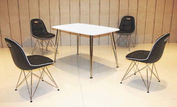 wonido Design Esszimmergruppe, 4 Stühle in verschiedenen Farben, Vierfußtisch in verschiedenen Farben, Tischbeine verchromt, ergonomische Schalenstühle, 5-teilig