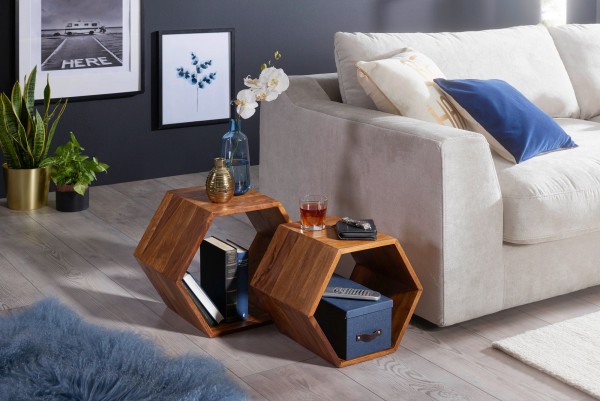 wonido Beistelltisch 2er Set, Massivholz Sheesham Anstelltische, Designer Satztisch Wohnzimmer, Kleine Sofatische