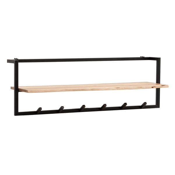 Garderobe aus Massivholz Akazie mit Baumkante 100 cm - Industrial Wandgarderobe mit Ablage & 6 Haken - Garderobenleiste mit Metallrahmen Schwarz Handgefertigt