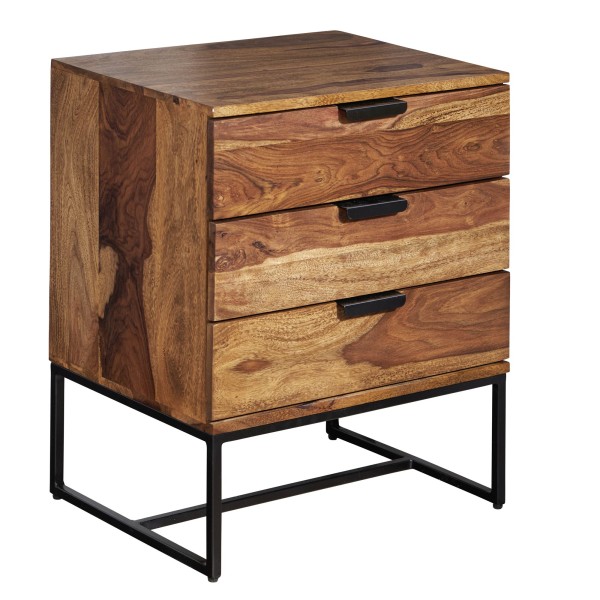 wonido Design Nachttisch Sheesham Massivholz/Metall, mit 3 Schubladen
