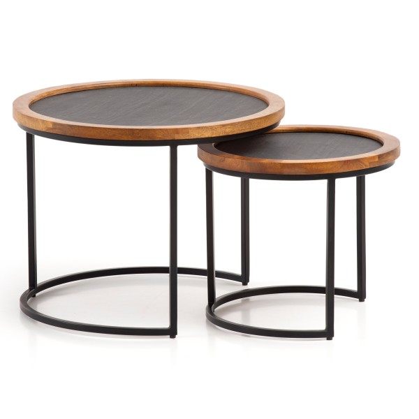 wonido Moderner Couchtisch 2-er Set Mango Massivholz/Steinoptik, Wohnzimmertisch Rund, Braun/Anthrazit