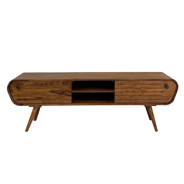 Lowboard Sheesham Massivholz 160 cm, TV Board mit 2 Schubladen & offenen Fächern, Retro Fernsehtisch Holz, Wohnzimmer Möbel Skandi Vintage Design, TV Möbel massiv