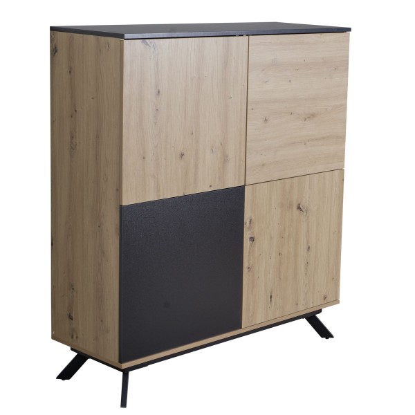wonido Design Highboard, Sideboard in Eiche-Dekor, Schwarz mit 4 Türen, mit Metallbeinen