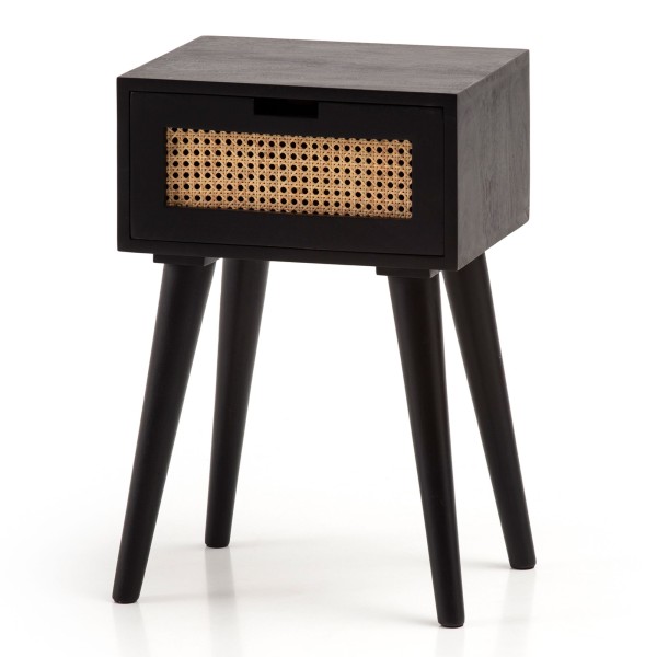 wonido Nachtkonsole Mango Massivholz/Rattan, Nachttisch Schwarz, Nachtkommode mit Schublade