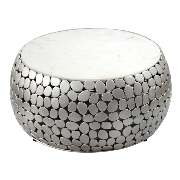 Design Couchtisch rund 66 cm aus Aluminium silber und weißer Marmor Tischplatte - Wohnzimmertisch Alu - Metall Sofatisch - Beistelltisch Wohnzimmer - Handmade