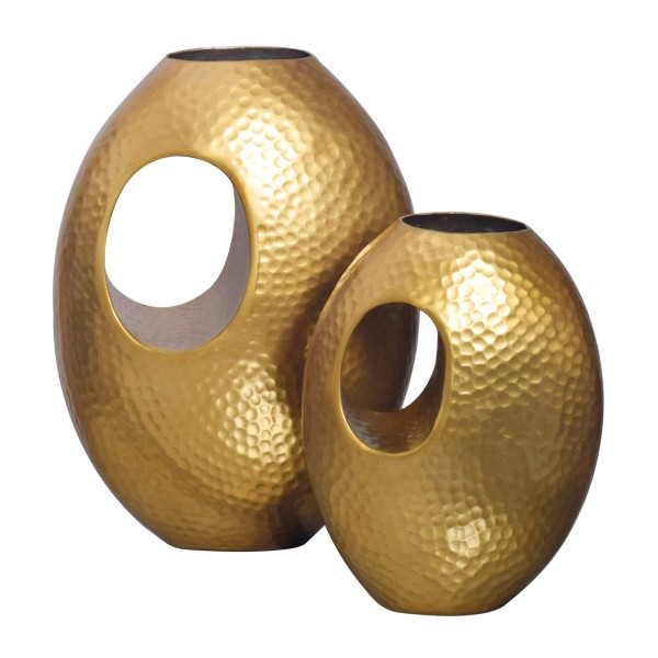 Deko Vase 2er Set Aluminium Gold mit Tragegriff Blumenvase Modern, Hammerschlag Dekovase 2-teilig für Blumen, Alu Tischvase Handgefertigt