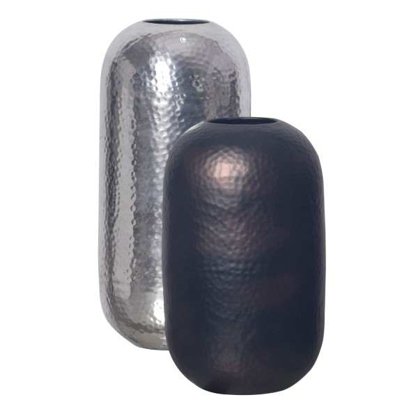 Deko Vase 2er Set Aluminium Silber Schwarz-Bronze Blumenvase Modern, Dekovase Hammerschlag Rund 2-teilig Metall für Blumen, Alu Tischvase Zylinder Wohndeko Tischdeko Handgefertigt